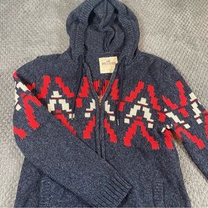Hollister Sweater Men S Navy Hooded Full Zip Knit Aztec Fair Isle Cardigan FLAW